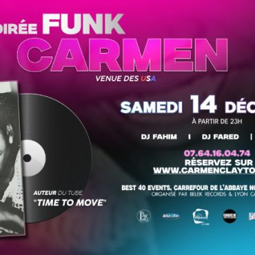 Affiche promotionnelle pour le concert de Carmen Clayton à Lyon "Affiche colorée annonçant le concert de Carmen Clayton à Lyon le 14 décembre 2024, avec des détails sur la date et les horaires."