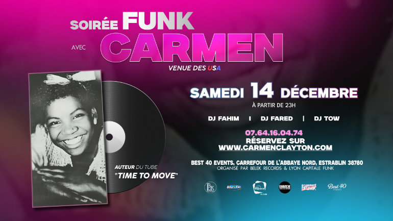 Affiche promotionnelle pour le concert de Carmen Clayton à Lyon "Affiche colorée annonçant le concert de Carmen Clayton à Lyon le 14 décembre 2024, avec des détails sur la date et les horaires."