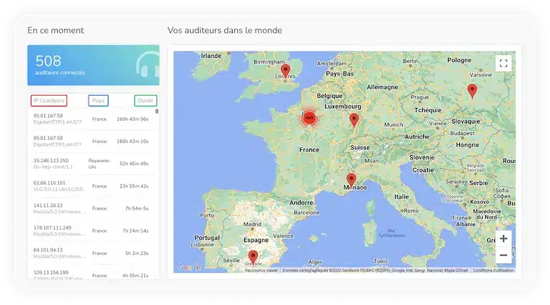 Map des Statistiques webradio en temps réel